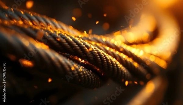Obraz Close-up of steel ropes illuminated by golden sparks, creating a warm, industrial aesthetic. The intricate texture of the wires contrasts beautifully with the glowing light particles.
