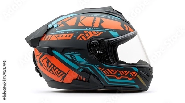 Fototapeta Stylish black motorcycle helmet with orange and teal geometric design, shown in profile view on white background. Generative ai
