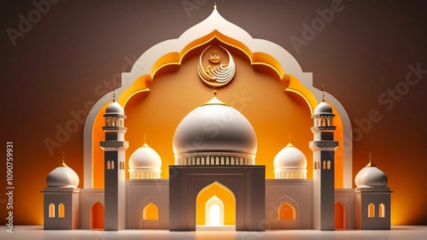 Fototapeta mosque object with Realistic 3d object cartoon style. Combining warm colors such as orange and yellow to convey friendliness and inclusiveness