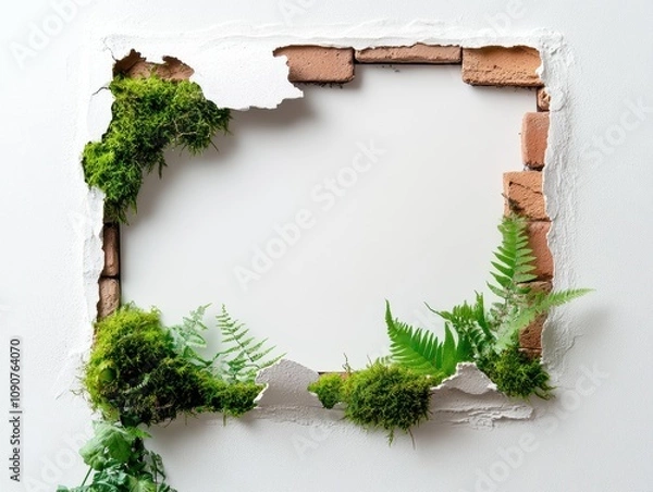 Fototapeta White background texture outer frame is old brick pattern  has green moss.