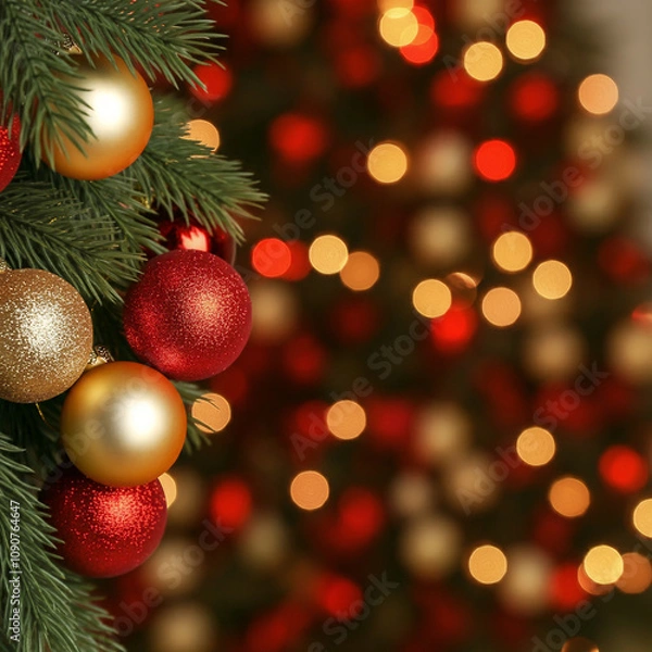 Fototapeta Red and golden christmas balls hanging on xmas tree branch bokeh effect noel lights blurred background