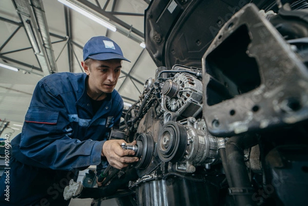 Fototapeta Auto mechanic repairs an engine. Replacing the timing chain