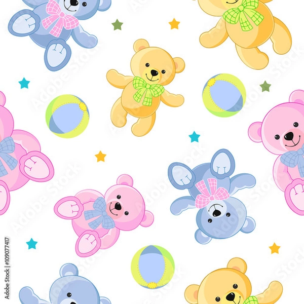 Fototapeta Bear, toy. Colorful collection of teddy bears for girls and boys. It can be used for baby textile, wrapping paper and children's room decoration.