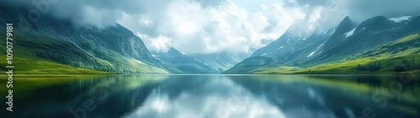 Obraz Serene landscape with lush green hills and tranquil lake under a cloudy sky, perfect for nature lovers and tranquil retreats.