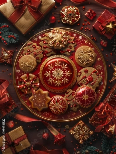 Fototapeta A red plate with a variety of cookies and other decorations on it. The plate is surrounded by a bunch of presents and decorations, giving the impression of a festive and joyful atmosphere