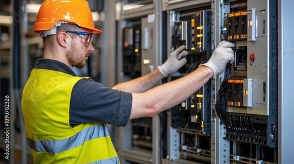 Obraz Quality control inspection of electrical systems industrial facility engineering work controlled environment professional viewpoint technological precision