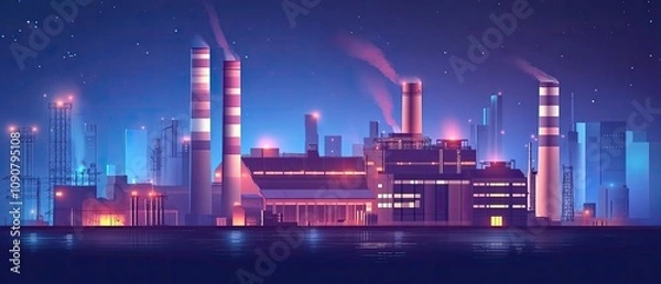 Fototapeta Night cityscape industrial complex with illuminated buildings and smokestacks.