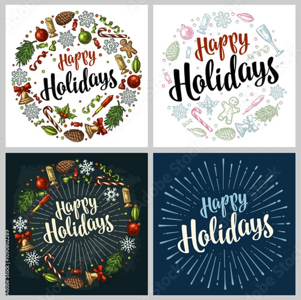 Fototapeta Happy Holidays handwriting calligraphy lettering. Circle shape with gingerbread, candy, mistletoe, bell, serpentine, rocket, snowflake, pine cone, fir branch, toy. Vector vintage color engraving
