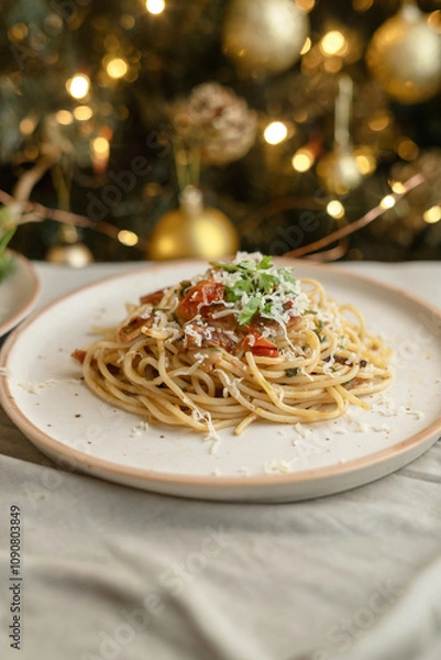Obraz Festive pasta dish surrounded by Christmas decorations, capturing holiday vibes with lights, ornaments, and a cozy festive setting. Perfect for themes like Christmas food, holiday celebrations.