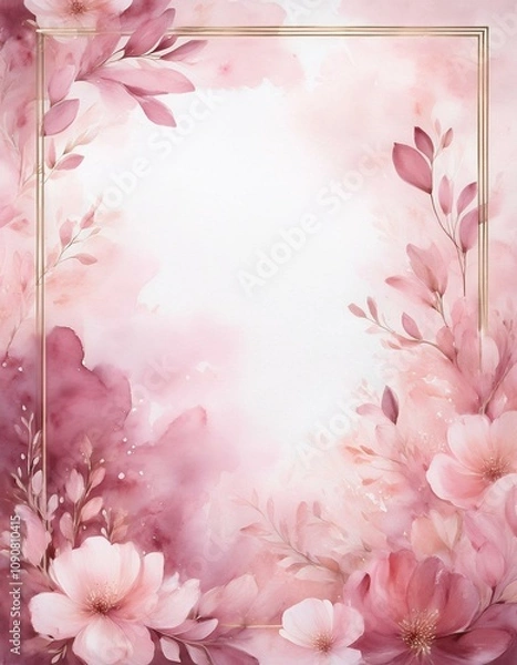 Fototapeta Elegant watercolor floral frame in soft pink and mauve hues. Perfect for wedding invitations or romantic designs.
