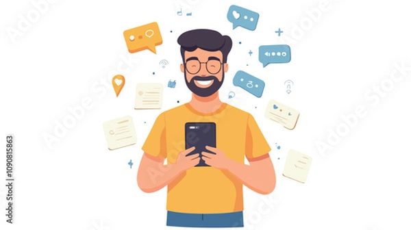 Obraz Young Man Checking Notifications on Smartphone