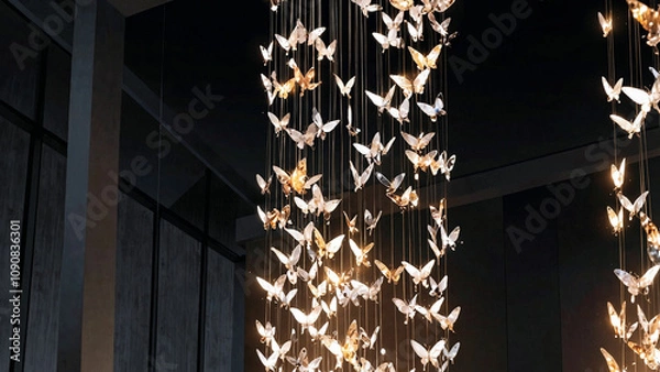 Obraz A luxurious butterfly chandelier with glowing metallic butterflies in a modern, dark architectural space.