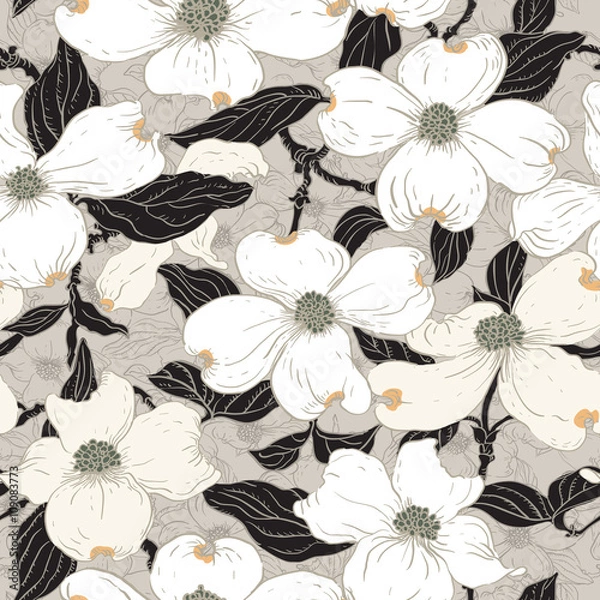 Fototapeta Dogwood seamless pattern.
Hand drawn vector pattern with dogwood blossom motif.