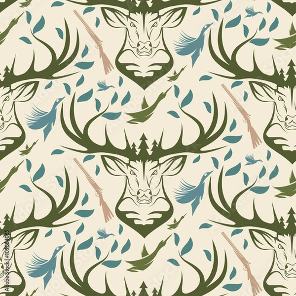 Fototapeta Seamless pattern for hunting theme. With deer, duck, gun, bird a