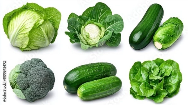 Fototapeta A photostock of assorted bright green vegetables arranged neatly on isolated on transparent PNG background, High Quality.