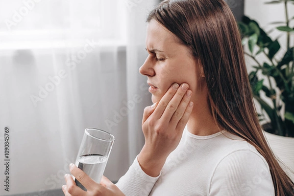 Obraz Female sitting on couch at home touching cheek, feel hurt and suffering from sensitive tooth ache. Pain and cavities concept. Close up of young woman feel terrible toothache after drink cold water