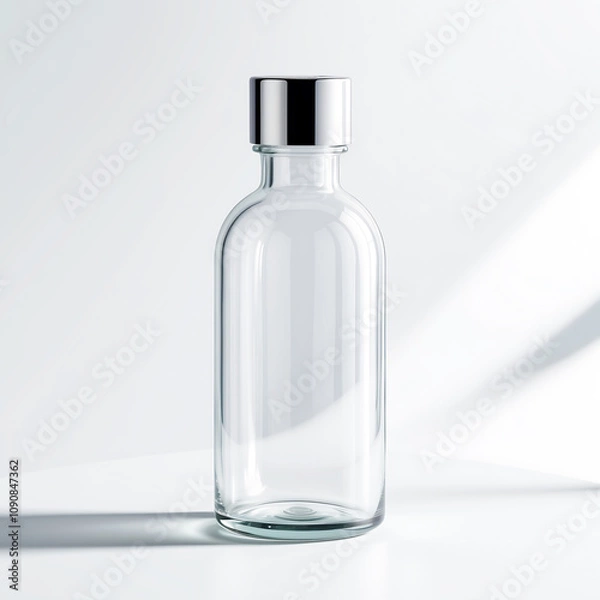 Fototapeta Sleek Transparent Glass Bottle Mockup with Silver Cap on a Minimal White Background