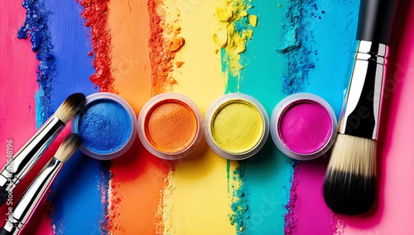 Fototapeta Vibrant Eyeshadow Colors with Brushes, Traces of Paint Highlighting the Creative Makeup Process