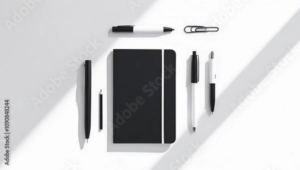 Fototapeta Minimalist Flat Lay with Black and White Stationery on a Clean White Background