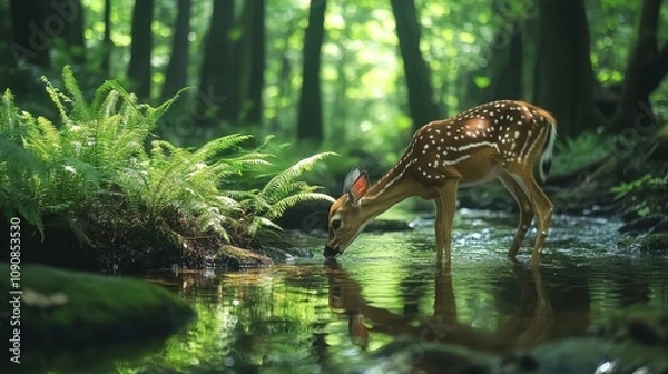 Obraz A spotted deer drinking from a calm forest stream surrounded by ferns.