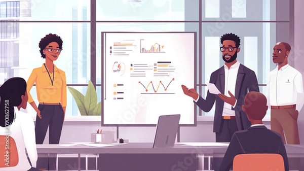 Fototapeta confident man presents project proposal to diverse panel in modern office setting, using visual aids on whiteboard to illustrate key points