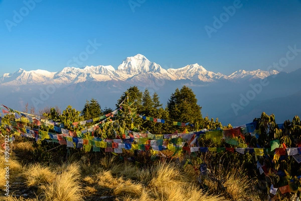 Obraz Annapurna summit with view from Poonhill, tibetan praying flags in the front, Nepal