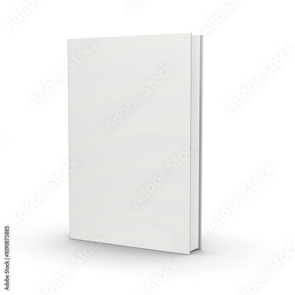 Obraz A blank standing book with a white cover, angled slightly and casting shadows on an isolated white background, concept of mockup for book covers. 3D Rendering