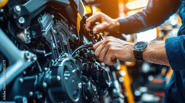 Fototapeta A mechanic working on a motorcycle engine with tools and precision.
