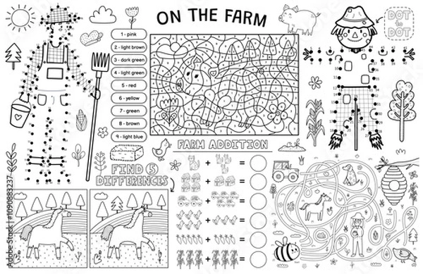 Fototapeta On the farm placemat with cute animals. Farm activity mat for kids with color by number, dot to dot, find 5 differences and maze games. Vector illustration