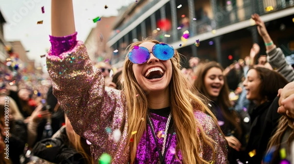 Obraz High-angle view of Carnival crowd in New Orleans, people dressed in colorful costumes throwing beads, Mardi Gras energy
