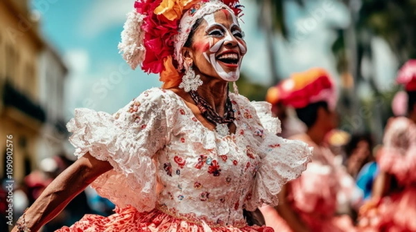 Obraz Portrait of a dancer in traditional costume at Barranquilla Carnival, celebrating culture
