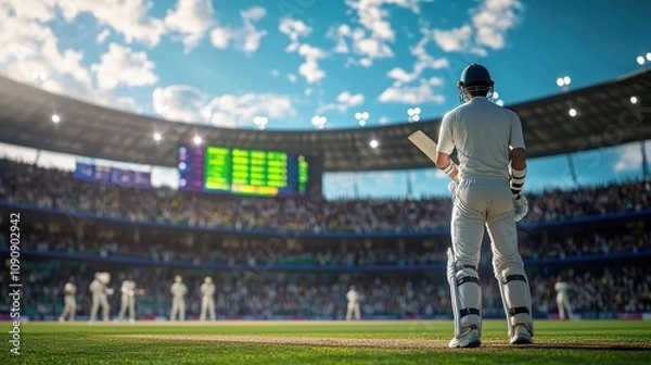 Fototapeta A cricket player stands ready at the pitch, with a vibrant crowd and dynamic scoreboard displaying live stats and points during an exciting match in a stunning stadium setting.