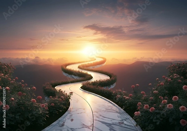 Fototapeta  Abstract journey through life with a winding path featuring blooming flowers, forks in the road, and glowing horizons symbolizing choices and growth.
