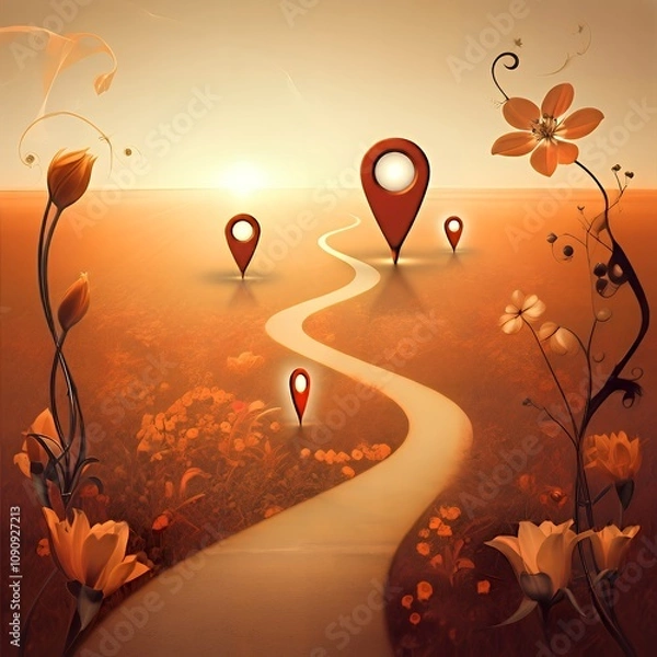 Fototapeta  Abstract journey through life with a winding path featuring blooming flowers, forks in the road, and glowing horizons symbolizing choices and growth.
