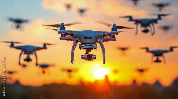 Fototapeta Multiple drones are soaring against a vibrant sunset, demonstrating modern technology's role in capturing breathtaking aerial views and landscapes
