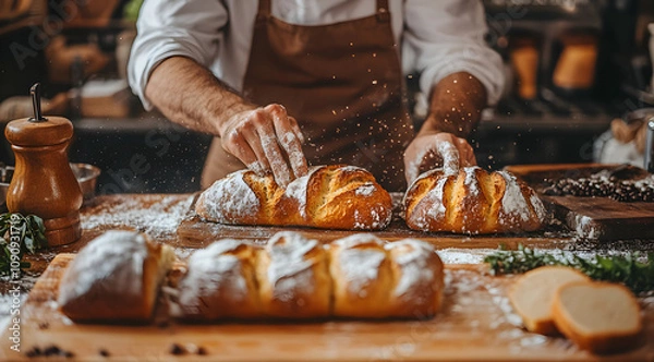 Fototapeta A baker sprinkles flour over freshly baked bread on a wooden table, showcasing the art of bread-making in a warm, inviting kitchen.