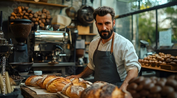 Fototapeta A baker stands confidently behind a display of fresh bread and pastries in a cozy, vibrant bakery filled with warm, inviting aromas.