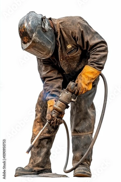 Fototapeta Dirty welder uses torch, intense focus.