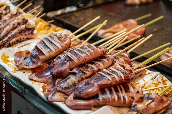 Obraz 日本の祭りの屋台で売られているイカ焼き