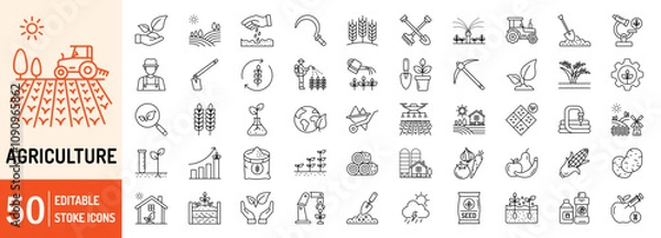 Fototapeta Agriculture collections editable stroke outline web icons set. Agriculture, plant, farm, tractor, fertilizer, field, grain, water, seed and more... Vector illustration