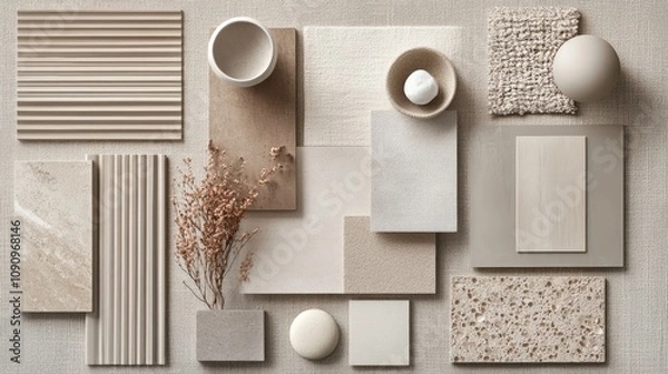 Fototapeta Neutral-toned mood board featuring various textures and materials, including tiles, fabrics, and natural elements.  Perfect for interior design inspiration.