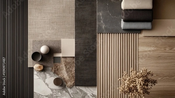 Fototapeta Neutral-toned interior design mood board featuring various textures and materials, including wood, stone, fabric swatches, and small bowls. A serene and sophisticated aesthetic.