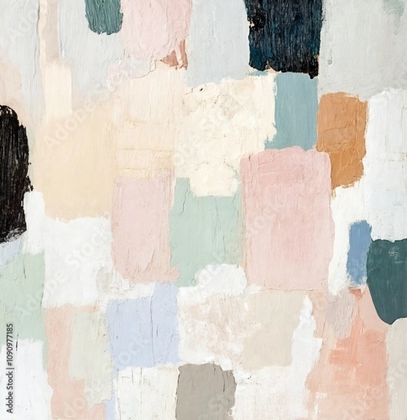 Obraz Abstract brushstroke painting with pastel pink, green, orange, and white colors on a textured canvas. Minimalist modern art style. Design for poster, wallpaper, or print.