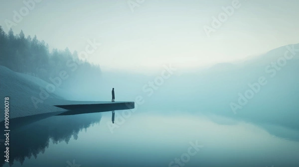 Fototapeta A figure stands alone by the lake, gazing into the water’s reflection as morning mist hovers above the surface, reflective mood on the psychology behind relationships