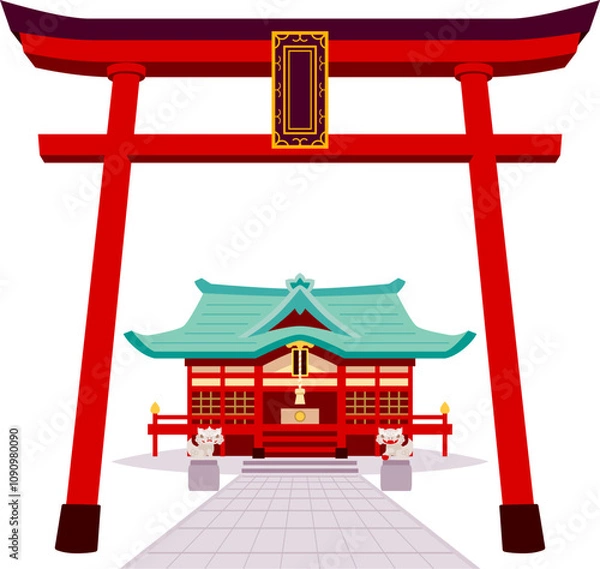 Fototapeta 神社境内入口に建つ大きな鳥居の奥に望む本殿（ベクターイラスト）