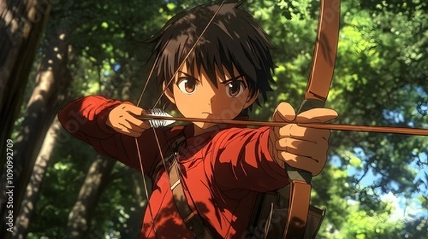 Fototapeta Anime archer aiming a bow forest background focused