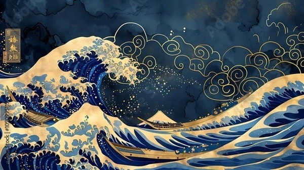 Fototapeta A stylized depiction of waves and clouds, inspired by traditional art, showcasing dynamic movement and natural beauty.