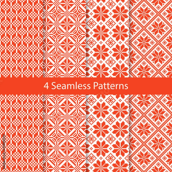 Fototapeta Slavic Folk Seamless Pattern Set. Repetitive Red and White Embroidery Textures.  Collection of Vector Ethnic Ornament Backgrounds