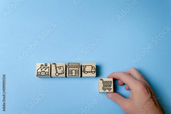 Fototapeta Supply chain and purchasing concept. Delivery services. Process of producing raw materials until reaching the final consumer.