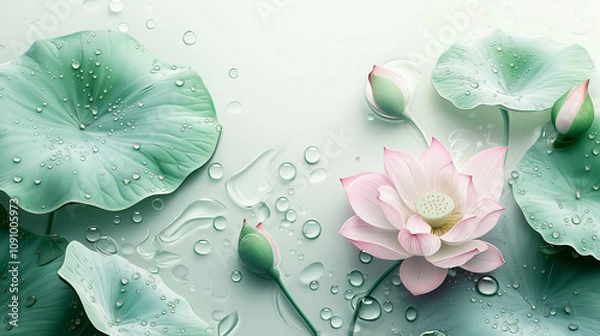 Fototapeta 3D illustration, the background is a transparent glass, close-up lotus flowers and leaves in the water with light green tones, light white clouds